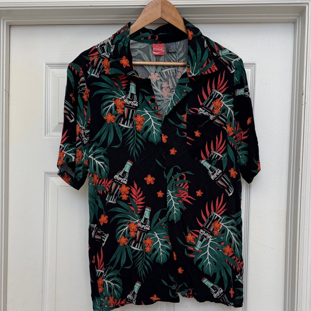 Coca Cola Black Shirt with Green and Red Tropical Print